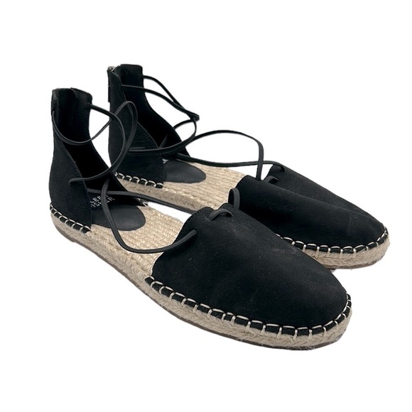 Eileen Fisher Black Lace Up Leather Espadrille Flat Sandals Size 7.5 New! - Picture 1 of 8